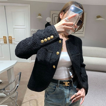 Нови висококачествени дамски модни якета Черен туид Два джоба Златни копчета Елегантни палта Пролет Есен Дамски дрехи