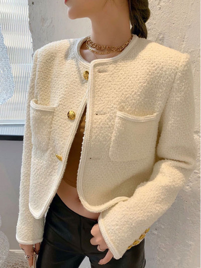 Jachete noi de modă pentru femei de înaltă calitate, tweed negru, două buzunare, nasturi aurii, paltoane elegante, primăvară, toamnă, haine pentru femei