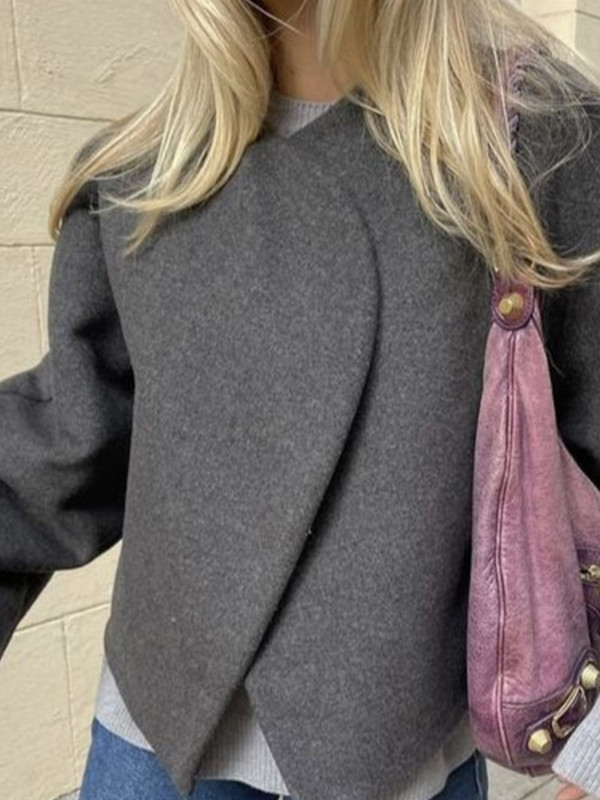 Jachetă decupată, solidă, de modă pentru femei, top cu mânecă lungă, caldă, toamnă iarnă, cardigan pentru femei, ocazional, lână, îmbrăcăminte de stradă