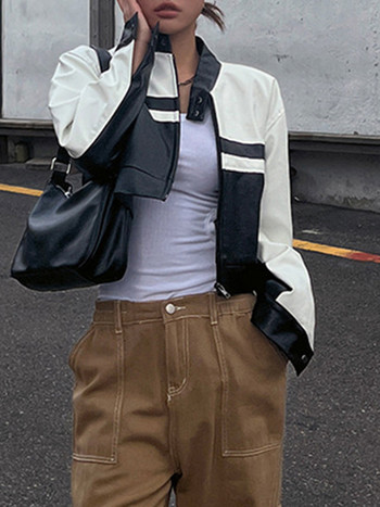 Раирани кожени якета за велосипедисти y2k Vintage Punk Streetwear Moto Fashion Coat Дамско корейско изрязано връхно облекло Естетично