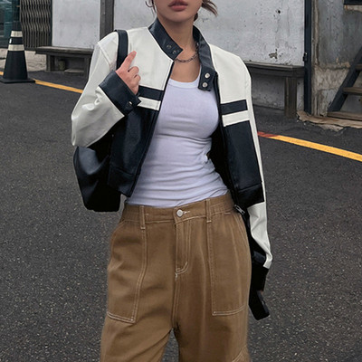 Jachete de motociclist din piele cu dungi y2k Vintage Punk Streetwear Moto haină de modă pentru femei, îmbrăcăminte decupată coreeană estetică