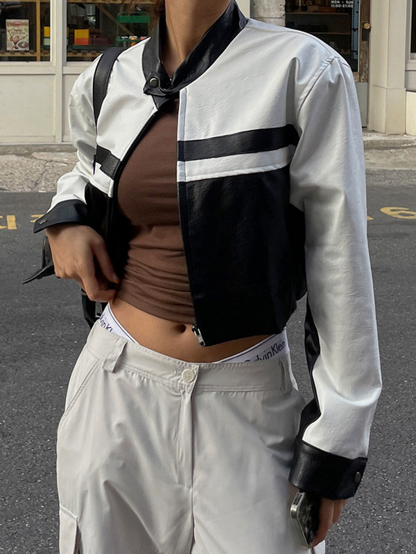 Jachete de motociclist din piele cu dungi y2k Vintage Punk Streetwear Moto haină de modă pentru femei, îmbrăcăminte decupată coreeană estetică