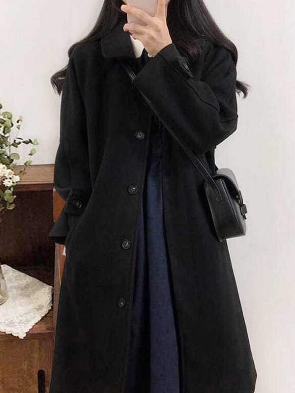 Jachetă lungă de toamnă iarnă pentru femei, jachetă din lână artificială coreeană, pardesiu elegant, cu un singur piept, haine vintage Harajuku.