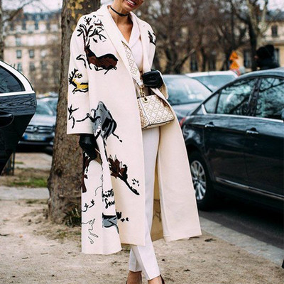 2023 m. žiemos moterų elegantiškas mišrios vilnos paltas Rudens gatvės moteriškas ilgas kardiganinis paltas Madingas gėlių raštų kišeninis švarkas ilgomis rankovėmis