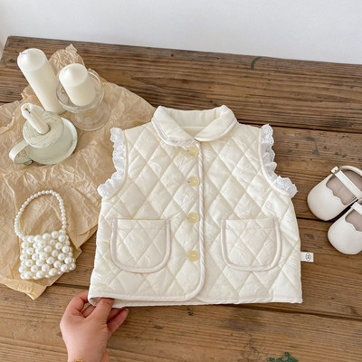 Drăguț copii fetiță vestă de iarnă 0-5 ani prințesă copii dantelă fără mâneci fleece cu un singur piept haine calde