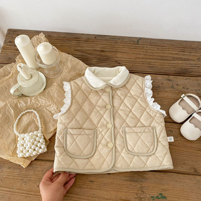 Drăguț copii fetiță vestă de iarnă 0-5 ani prințesă copii dantelă fără mâneci fleece cu un singur piept haine calde