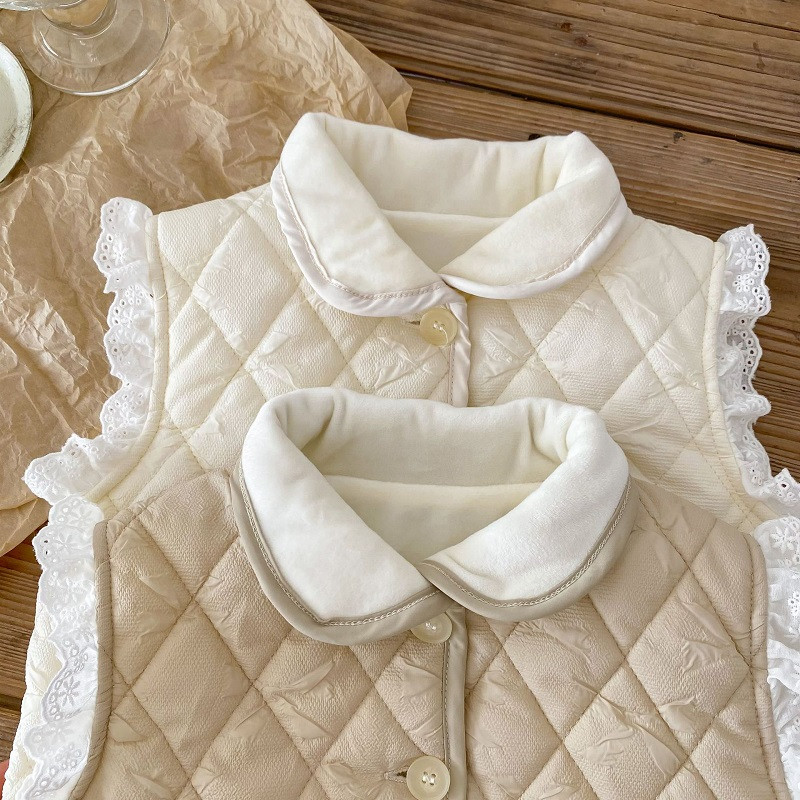 Drăguț copii fetiță vestă de iarnă 0-5 ani prințesă copii dantelă fără mâneci fleece cu un singur piept haine calde