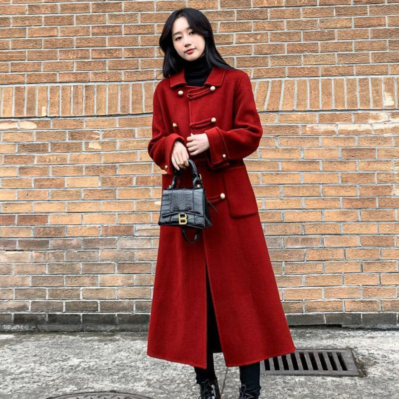 Novi ženski vuneni kaput veće veličine 95,00 kg iz 2023. Ženska modna jednobojna ženska jednobojna ležerna odjeća u Hepburn stilu s dugim rukavima iznad koljena