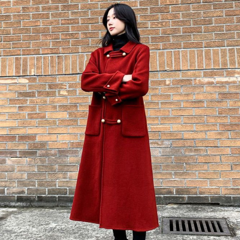 Novi ženski vuneni kaput veće veličine 95,00 kg iz 2023. Ženska modna jednobojna ženska jednobojna ležerna odjeća u Hepburn stilu s dugim rukavima iznad koljena