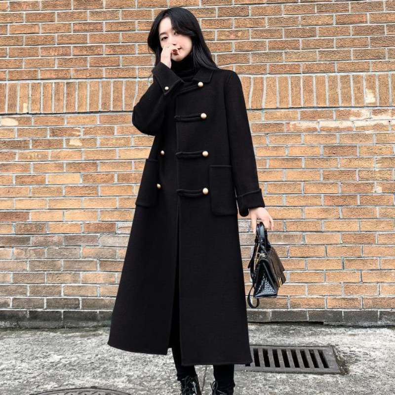 Novi ženski vuneni kaput veće veličine 95,00 kg iz 2023. Ženska modna jednobojna ženska jednobojna ležerna odjeća u Hepburn stilu s dugim rukavima iznad koljena