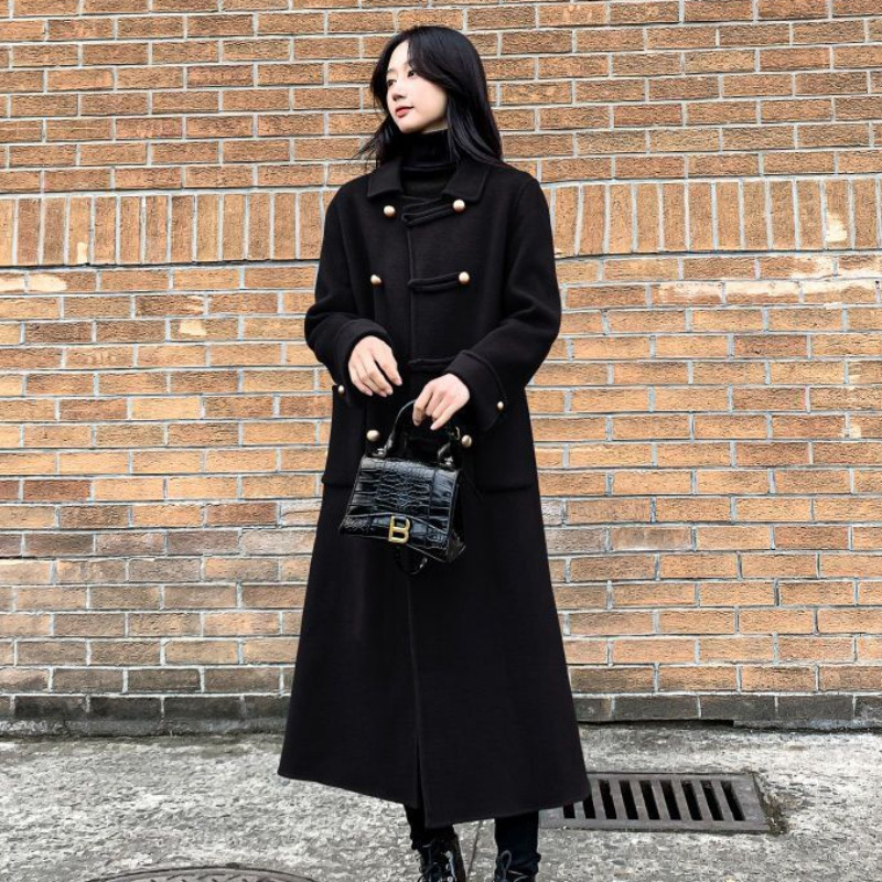 Novi ženski vuneni kaput veće veličine 95,00 kg iz 2023. Ženska modna jednobojna ženska jednobojna ležerna odjeća u Hepburn stilu s dugim rukavima iznad koljena