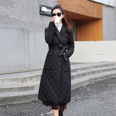 Jachetă de toamnă pentru femei Parka, bumbac spațial cu curea, în carouri cu diamante.