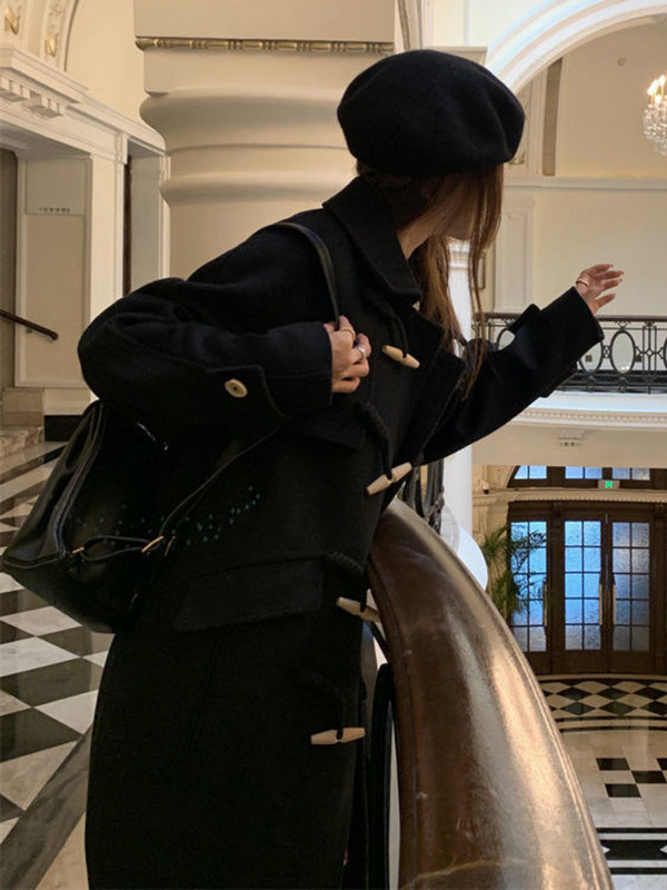 Garš mētelis ar melnu ragu Mētelis sievietēm Sieviešu mētelis Sieviešu ziemas jakas mēteļi un jakas Sieviešu пальто женское