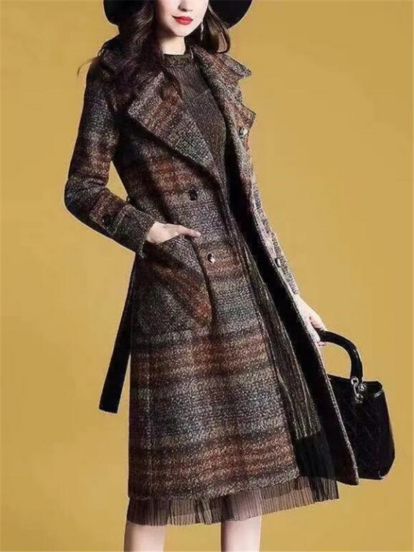 Ženski vuneni kaput s remenom i gornjim dijelom Ženska karirana vjetrovka od mješavine vune Trenč kaput srednje dužine Ženski elegantni kaput