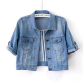 Jachetă de blugi pentru femei, primăvară, toamnă, haină scurtă, albastru, versatilă, cu mânecă scurtă, jachete de jeans, ocazional, largi, topuri coreene, îmbrăcăminte exterioară pentru femei
