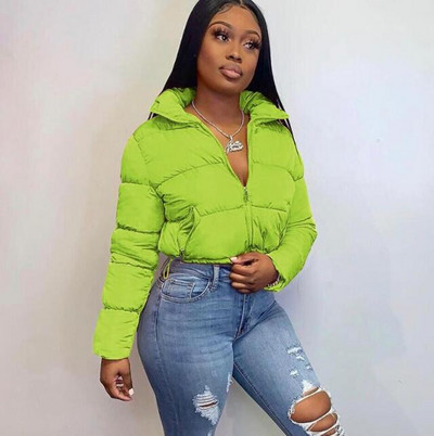 Pamučni kaput Modni uski ženski samostojeći ovratnik s uzicom Jednobojni dugi rukavi s patchwork patentnim zatvaračem Kratka jakna Parka