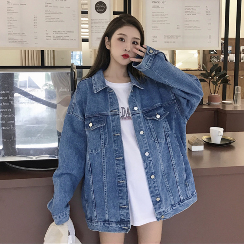 Jachetă de blugi vintage pentru femei, primăvară coreeană, jachetă de blugi de bază, haină pentru femei, toamnă, retro, prieten, haină de blugi largi