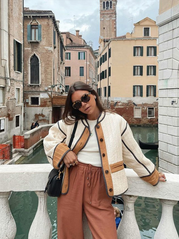 Elegantni patchwork kardigan kaput Ženski ležerni s jednim kopčanjem, široka jakna dugih rukava Ženski kratki kaputi jesen-zima 2023.