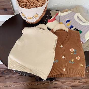 Пуловер за момичета 1-6 години Есенна рокля Детска жилетка Бебешки пуловер Бродиран плетен пуловер с V-образно деколте Жилетка Палто Бебешки дрехи
