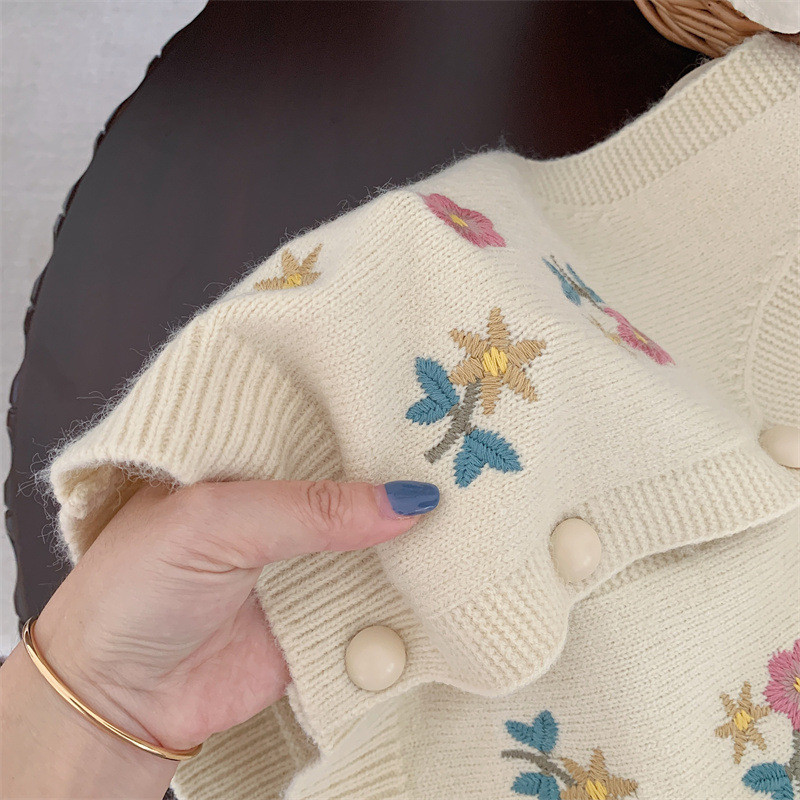 Mergaičių megztinis 1-6 metų rudens suknelė vaikams megztinis kūdikių megztinis siuvinėtas mezgimas V formos kakleliu megztinis liemenė paltas kūdikių drabužėliai