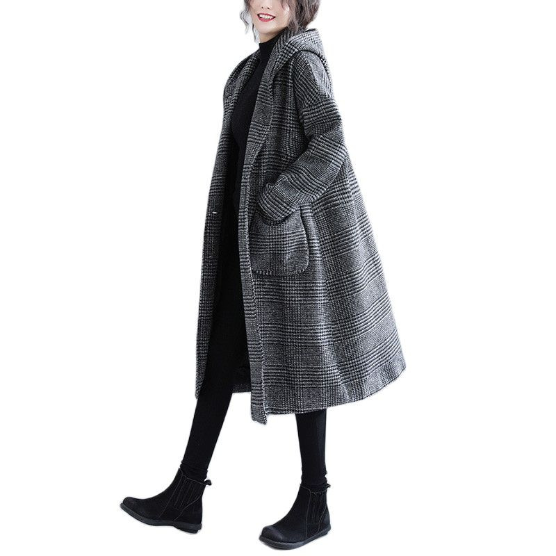 2023. gada jauns vintage rudens ziemas, gari rūtaini vilnas mēteļi Sieviešu apģērbi Liela izmēra jakas ar jakas ar kapuci Sieviešu virsdrēbes V1094