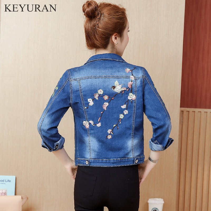 Jachetă bomber din blugi brodat cu păsări florale de epocă, haină elegantă de primăvară toamnă pentru femei, haină de jeans de modă vintage pentru femei