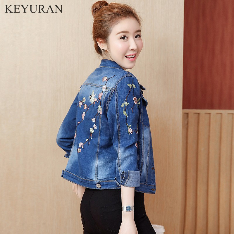 Jachetă bomber din blugi brodat cu păsări florale de epocă, haină elegantă de primăvară toamnă pentru femei, haină de jeans de modă vintage pentru femei