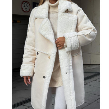 2023 г. Ново зимно кожено велурено палто Костюм с яка и дълга жилетка Плюшено яке с дълъг ръкав Vestidos