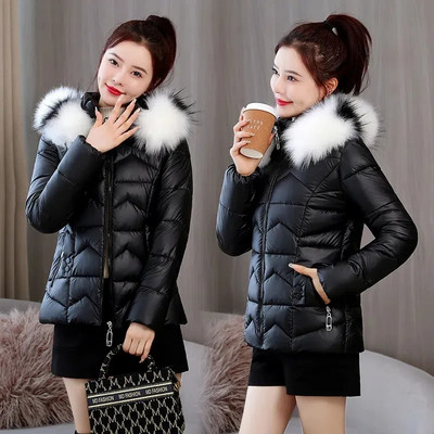 2023 m. nauja moteriška žieminė striukė, blizgi stora šilta gobtuvu trumpa parko laisva medvilninė paminkštinta paltai, moteriški vandeniui atsparūs sniego drabužiai