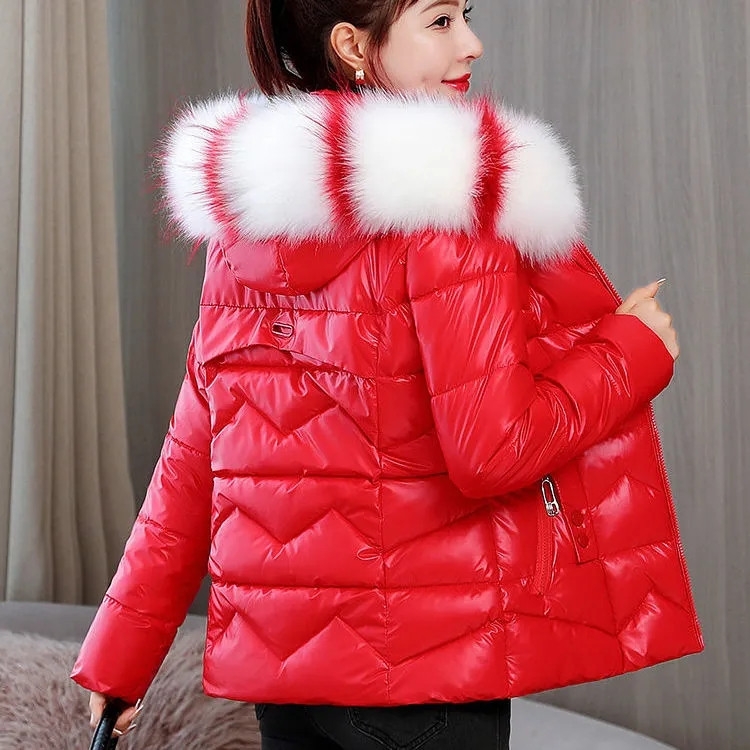2023 m. nauja moteriška žieminė striukė, blizgi stora šilta gobtuvu trumpa parko laisva medvilninė paminkštinta paltai, moteriški vandeniui atsparūs sniego drabužiai