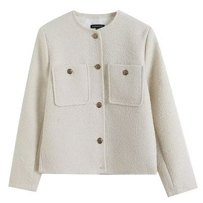 Sieviešu 2023. gada rudens, jauna mode, eleganta sieviešu kabatas jaka retro stila ar garām piedurknēm, eleganta apaļa kakla apkakle ar zelta pogu, tievs tops