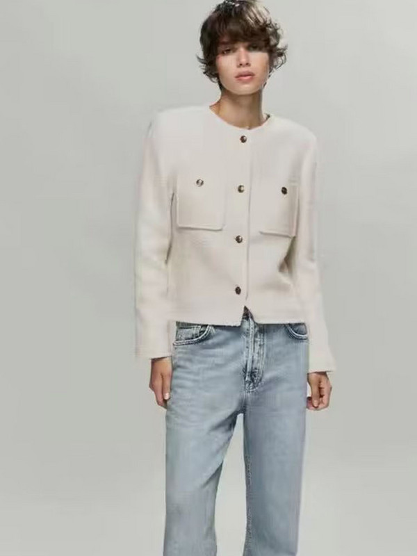 Sieviešu 2023. gada rudens, jauna mode, eleganta sieviešu kabatas jaka retro stila ar garām piedurknēm, eleganta apaļa kakla apkakle ar zelta pogu, tievs tops