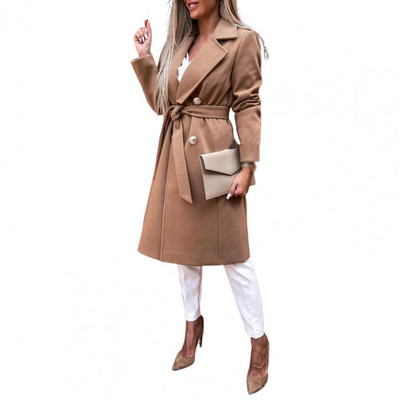 Jesen Zima Ležerni vuneni kaput Ženski modni rever Široke midi jakne s dvostrukim kopčanjem 2022. Elegantna jednobojna gornja odjeća dugih rukava