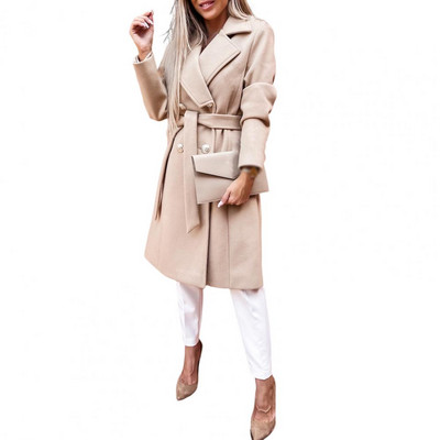 Jesen Zima Ležerni vuneni kaput Ženski modni rever Široke midi jakne s dvostrukim kopčanjem 2022. Elegantna jednobojna gornja odjeća dugih rukava