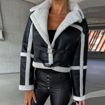 Дамско късо яке, палта, яке от изкуствена кожа, плюшена жилетка с дълъг ръкав, изрязано палто без шапка, дамско ретро мотоциклетно връхно облекло