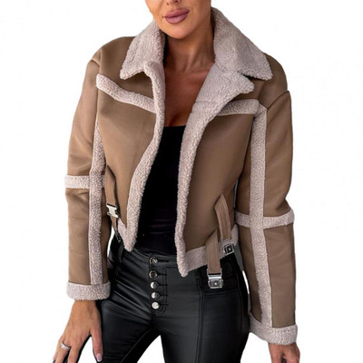 Moteriškos trumpos striukės paltai Dirbtinės odos striukė pliušinis ilgomis rankovėmis megztinis, apkarpytas be kepurių paltas Moteriški senoviniai motociklo viršutiniai drabužiai