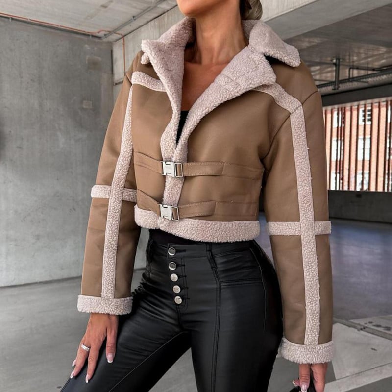 Moteriškos trumpos striukės paltai Dirbtinės odos striukė pliušinis ilgomis rankovėmis megztinis, apkarpytas be kepurių paltas Moteriški senoviniai motociklo viršutiniai drabužiai