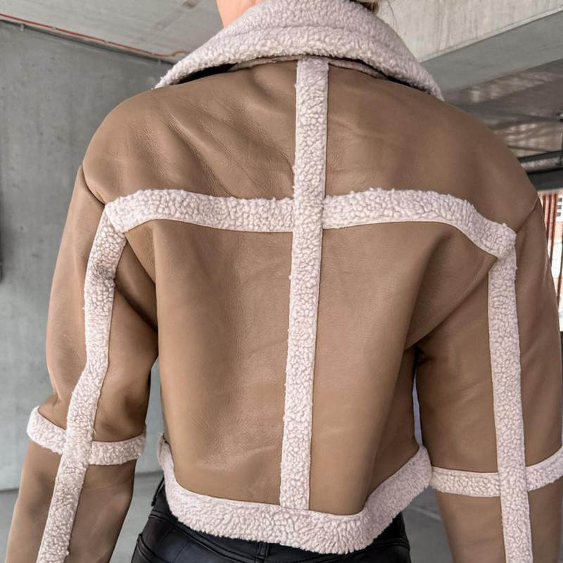 Moteriškos trumpos striukės paltai Dirbtinės odos striukė pliušinis ilgomis rankovėmis megztinis, apkarpytas be kepurių paltas Moteriški senoviniai motociklo viršutiniai drabužiai