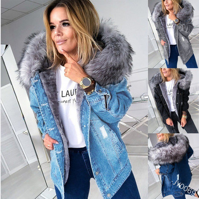 Χειμερινό μπουφάν Γυναικεία Τζιν Μπουφάν Παλτό Γούνινο Μπουφάν με κουκούλα Jean χοντρό μακρυμάνικο πανωφόρι Plus Size Outwear top τζιν XS-5XL
