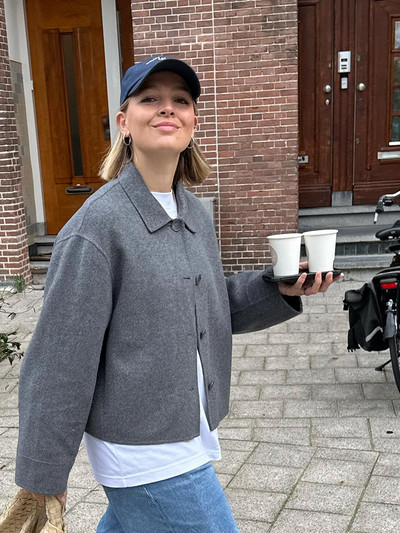 Jachetă gri cu un singur piept pentru femei, toamnă, cu mânecă lungă, cu guler răsturnat Jachete casual pentru femei, cu două fețe, largi, scurte, îmbrăcăminte de stradă