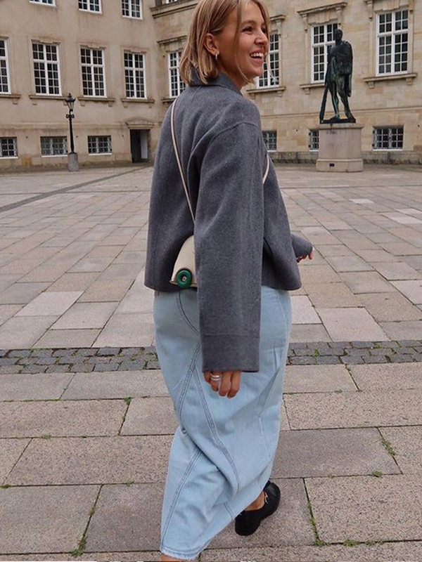 Jachetă gri cu un singur piept pentru femei, toamnă, cu mânecă lungă, cu guler răsturnat Jachete casual pentru femei, cu două fețe, largi, scurte, îmbrăcăminte de stradă