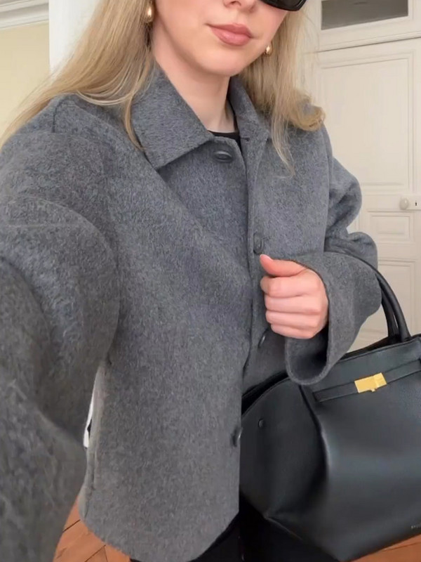 Jachetă gri cu un singur piept pentru femei, toamnă, cu mânecă lungă, cu guler răsturnat Jachete casual pentru femei, cu două fețe, largi, scurte, îmbrăcăminte de stradă