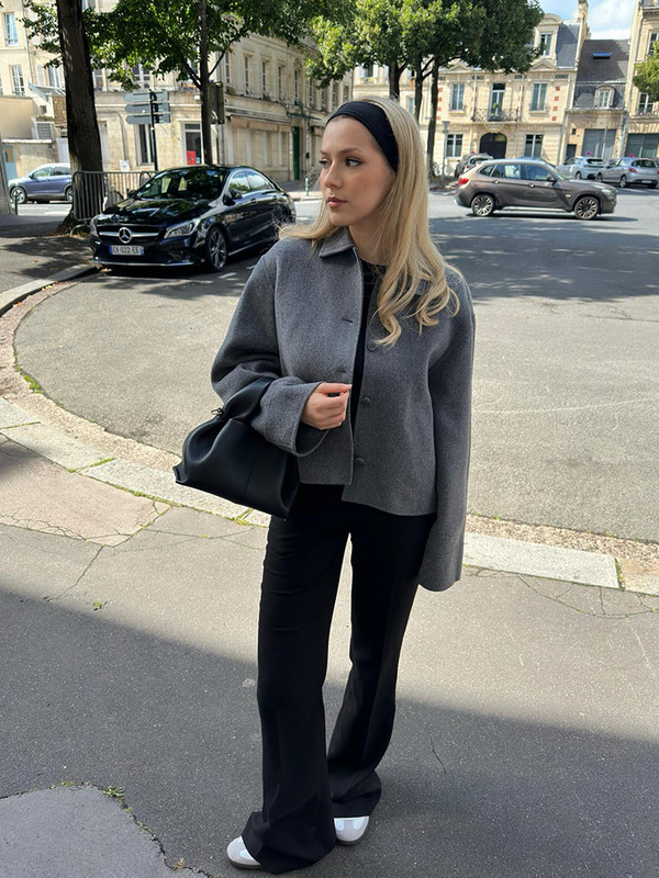 Jachetă gri cu un singur piept pentru femei, toamnă, cu mânecă lungă, cu guler răsturnat Jachete casual pentru femei, cu două fețe, largi, scurte, îmbrăcăminte de stradă