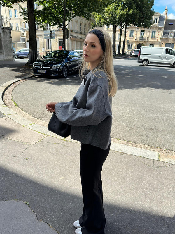 Jachetă gri cu un singur piept pentru femei, toamnă, cu mânecă lungă, cu guler răsturnat Jachete casual pentru femei, cu două fețe, largi, scurte, îmbrăcăminte de stradă