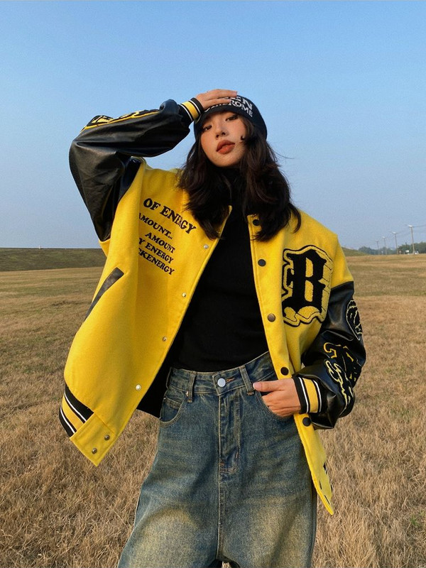 Palton american cu cusături din piele PU, pentru femei, Y2k, gotic, vânt leneș, BF High Street, marca hiphop, lejer, casual, uniformă de baseball Top