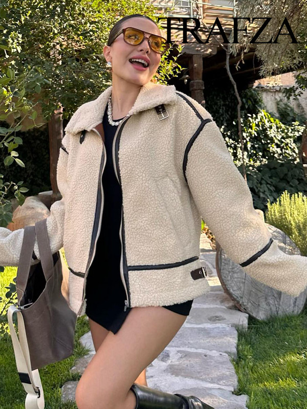 TRAFZA Zimska ženska modna jakna u uličnom stilu Bijeli otvoreni ovratnik, dugi rukavi, džepovi, patentni zatvarač, ženski ležerni debeli kaput