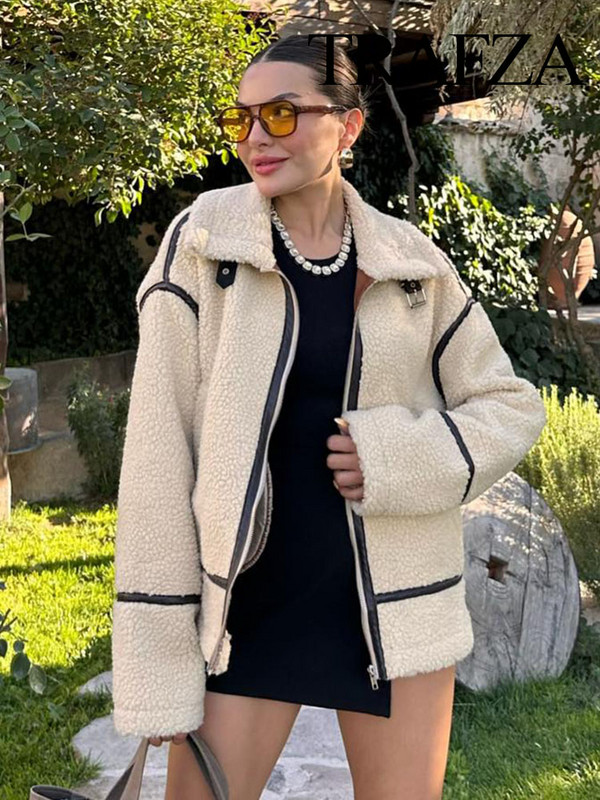 TRAFZA Zimska ženska modna jakna u uličnom stilu Bijeli otvoreni ovratnik, dugi rukavi, džepovi, patentni zatvarač, ženski ležerni debeli kaput