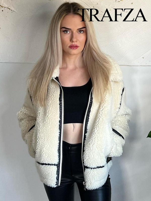 TRAFZA Zimska ženska modna jakna u uličnom stilu Bijeli otvoreni ovratnik, dugi rukavi, džepovi, patentni zatvarač, ženski ležerni debeli kaput