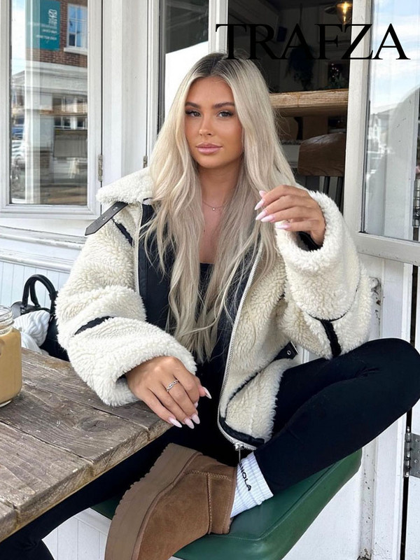 TRAFZA Zimska ženska modna jakna u uličnom stilu Bijeli otvoreni ovratnik, dugi rukavi, džepovi, patentni zatvarač, ženski ležerni debeli kaput