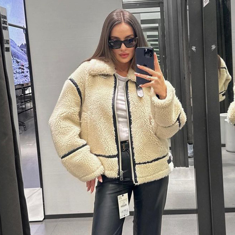 Malina Jachete cu mânecă lungă cu revere de iarnă pentru femei, la modă, haine calde de blană artificială, pentru femei, elegante, cu fermoar, pentru motocicliști.